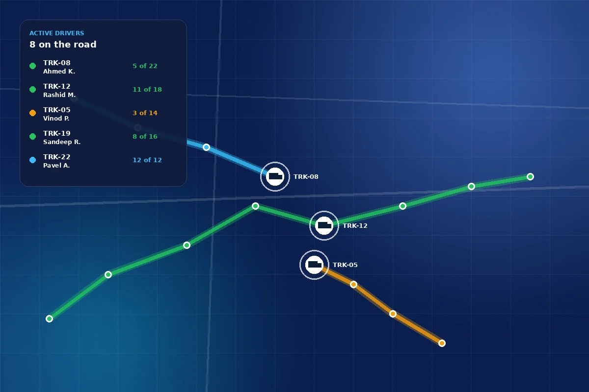 Live driver tracking dashboard with three trucks plotted