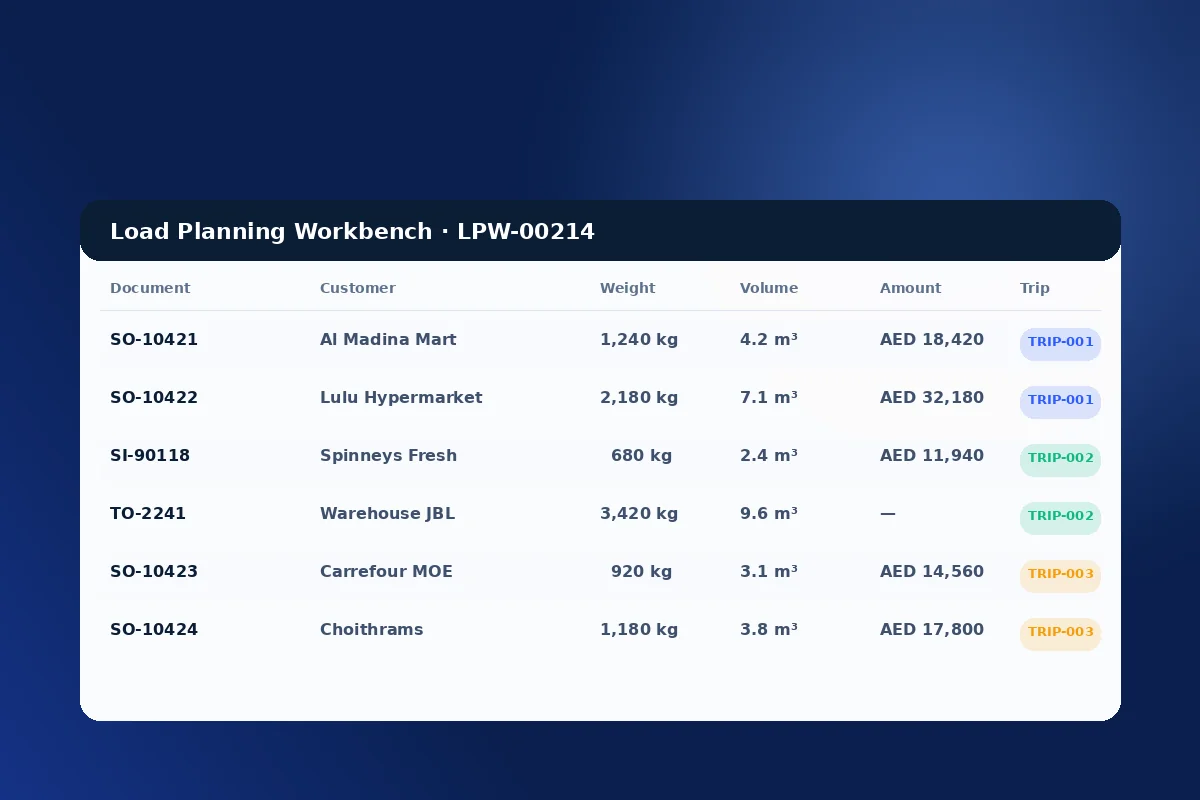 NOVAGO Load Planning Workbench showing mixed Sales Orders
